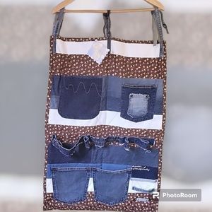 HAND CRAFTED Organizer UPCYCLED Blue Denim Pocket Brown Floral Hanging 29 X20 In